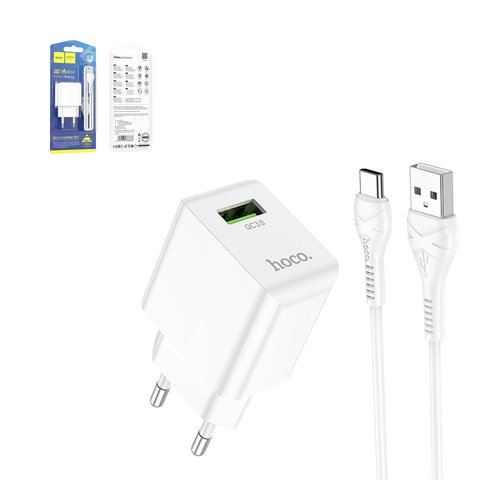 Мережевий зарядний пристрій Hoco C98A, 18 Вт, Quick Charge, білий, з USB кабелем тип C, 1 порт, #6931474766878
