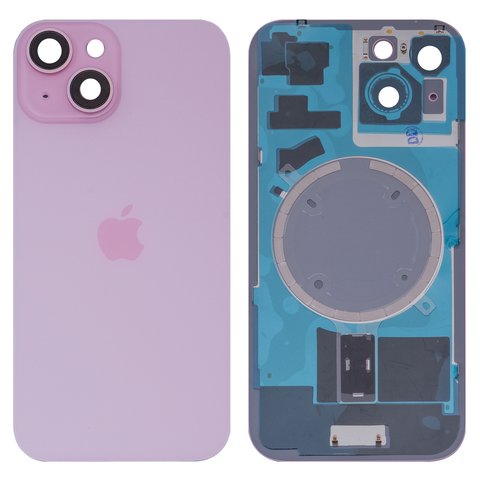 Задняя панель корпуса для iPhone 15, розовая, со стеклом камеры, small hole