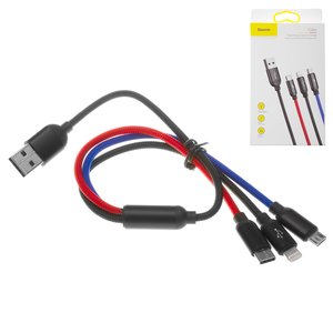 USB Cable Baseus Three Primary Colors, USB type A, USB type C, micro USB type B, Lightning, 30 cm, 3.5 A, black, nylon braided, data transfer over Lightning only, 3 in 1  #CAMLT ASY01