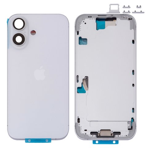 Housing compatible with iPhone 16, white, with SIM card holders, with side buttons, Original PRC , EU version 