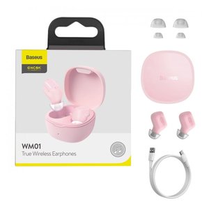 Headphone Baseus WM01, wireless, vacuum, pink, with charging case, with USB cable Type C  #NGTW240004 NGWM01 04