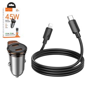 Автомобільний зарядний пристрій Hoco NZ16B, чорне, Power Delivery PD , з кабелем USB тип C до Lightning для Apple, 45 Вт, 2 порта, 12 24 B, #6942007644785
