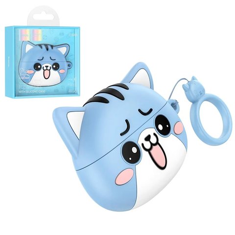 Гарнітура Hoco EW48, бездротова, блакитна, біла, з силіконовим чохлом, glacier cat, #6942007609999