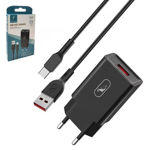 Мережевий зарядний пристрій SkyDolphin SC36T, 12 Вт, чорний, з USB кабелем тип C, 1 порт