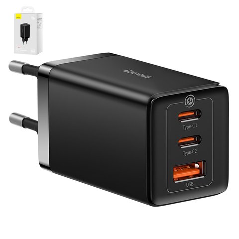 Мережевий зарядний пристрій Baseus GaN5 Pro, 65 Вт, Quick Charge, 220 В, чорний, з кабелем USB тип C до USB тип C, 3 порта, #CCGP120201