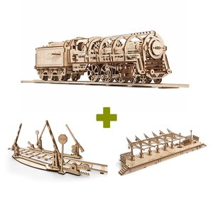 Механічний 3D-пазл UGEARS Набір 3 в 1: Локомотив + Рейки + Перон